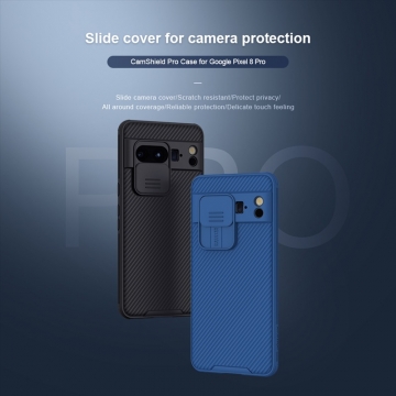 Чехол с защитной шторкой для камеры Nillkin CamShield Pro для смартфона Google Pixel 8 Pro, задняя панель из поликарбоната + рама из термополиуретана, дополнительная защита углов смартфона «воздушными подушками», шторка-слайдер для защиты камеры от механических воздействий, накладки на кнопки регулировки громкости, чёрный, синий, зелёный, Киев, Київ