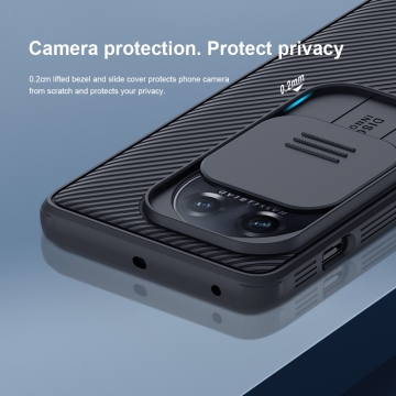 Чехол с защитной шторкой для камеры Nillkin CamShield Pro для смартфона OnePlus 11, задняя панель из поликарбоната + рама из термополиуретана, дополнительная защита углов смартфона «воздушными подушками», шторка-слайдер для защиты камеры от механических воздействий, накладки на кнопки регулировки громкости, чёрный, синий, Киев, Київ