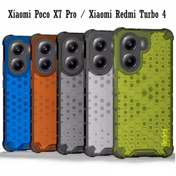 Чехол-накладка с рисунком в виде сот для смартфона Xiaomi Poco X7 Pro / Xiaomi Redmi Turbo 4, противоударный бампер, задняя панель из поликарбоната, рама из термополиуретана, сочетание жёсткости с гибкостью, дополнительная защита углов смартфона «воздушными подушками», накладка на кнопки регулировки громкости, чёрный + прозрачный, чёрный + серый, чёрный + красный, чёрный + синий, чёрный + зелёный, Киев, Київ