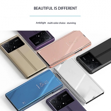 Зеркальный чехол-книжка-подставка Mirror Case для смартфона Xiaomi Poco X6 Pro / Xiaomi Redmi K70E, противоударный чехол, пластик + полиуретан, Clear View Standing Cover, Kview Magic Mirror, возможность трансформации чехла в подставку для просмотра видео, чёрный, синий, фиолетовый, золотой, розовый, серебряный, Киев, Київ