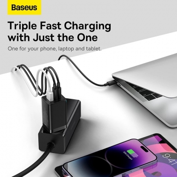 Мережевий зарядний пристрій Baseus GaN 5 Pro Quick Charger 65 Вт (USB Type-C + USB Type-C + USB) + кабель 100 Вт Мережевий зарядний пристрій Baseus GaN 5 Pro Quick Charger 65 Вт (USB Type-C + USB Type-C + USB) + кабель 100 Вт, для зарядки ноутбуків, CCGAN65E5, поддержка одновременной зарядки трёх устройств, Qualcomm Quick Charge 4+, Quick Charge 3.0, USB Power Delivery 3.0, PPS, SCP, FCP, AFC, APPLE 2.4A, PE+, смарт-чип Baseus Power Split II, охлаждение Baseus Cooling Technology, 6-уровневая защита, кабель Baseus 100 Вт, Київ, Киев