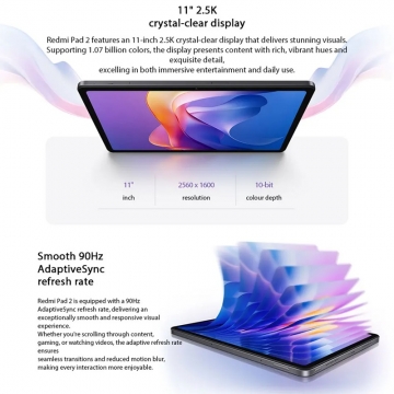 Планшетний комп’ютер Xiaomi Redmi Pad 2 Wi-Fi (8 + 256 Гб, Global Version) Планшетний комп’ютер Xiaomi Redmi Pad 2 Wi-Fi (8 + 256 Гб, Global Version), 25040RP0AG, металевий корпус, MediaTek Helio G100-Ultra, оперативна пам’ять 8 Гб (LPDDR4X), постійна пам’ять 256 Гб (UFS 2.2), слот для карт пам'яті до 2 Тб, екран 11'' 2,5K IPS, 10 біт, частота 90 Гц, основна камера: 8 МП, Wi-Fi 5, Bluetooth 5.3, OTG, AAC / SBC / LDAC, чотири стереодинаміка, Dolby Atmos, підтримка стилуса Redmi Smart Pen, акумулятор 9000 мА/г, USB Type-C, аудіоджек 3,5 мм, HyperOS 2, Android 15, Київ, Киев
