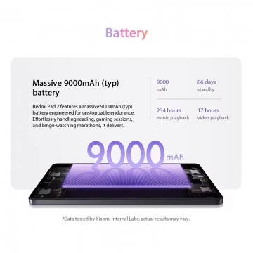 Планшетний комп’ютер Xiaomi Redmi Pad 2 Wi-Fi (8 + 256 Гб, Global Version) Планшетний комп’ютер Xiaomi Redmi Pad 2 Wi-Fi (8 + 256 Гб, Global Version), 25040RP0AG, металевий корпус, MediaTek Helio G100-Ultra, оперативна пам’ять 8 Гб (LPDDR4X), постійна пам’ять 256 Гб (UFS 2.2), слот для карт пам'яті до 2 Тб, екран 11'' 2,5K IPS, 10 біт, частота 90 Гц, основна камера: 8 МП, Wi-Fi 5, Bluetooth 5.3, OTG, AAC / SBC / LDAC, чотири стереодинаміка, Dolby Atmos, підтримка стилуса Redmi Smart Pen, акумулятор 9000 мА/г, USB Type-C, аудіоджек 3,5 мм, HyperOS 2, Android 15, Київ, Киев