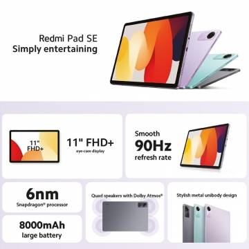 Планшетний комп’ютер Xiaomi Redmi Pad SE (8 + 256 Гб, Global Version), металевий корпус, Snapdragon 680, 8 Гб RAM + 256 Гб ROM, екран 11'' IPS 1920 * 1200, 8 біт, 90 Гц, основна камера 8 MП, акумулятор 8000 мА/г, чотири стереодинаміка, Hi-Res Audio, Dolby Atmos, Wi-Fi, Bluetooth 5.0, OTG, USB Type-C, 3,5 мм аудіоджек, MIUI for Pad 14, Android 13, УКРАЇНСЬКА МОВА, GOOGLE PLAY, Київ, Киев