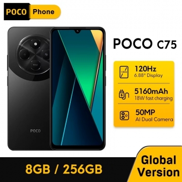 Смартфон Xiaomi Poco C75 NFC (8 + 256 Гб, Global Version), 4G LTE, Helio G81-Ultra, 8 Гб RAM + 256 Гб ROM, екран 6,88'' IPS 1640 * 720, 120 Гц, камера 50 МП, селфі камера 13 МП, акумулятор 5160 мА/г, 18 Вт, сканер відбитків пальців, Wi-Fi, Bluetooth 5.4, GPS, NFC / Google Pay, OTG, USB Type-C, 3,5 мм аудіоджек, HyperOS, Android 14, УКРАЇНСЬКА МОВА, GOOGLE PLAY, Київ, Киев