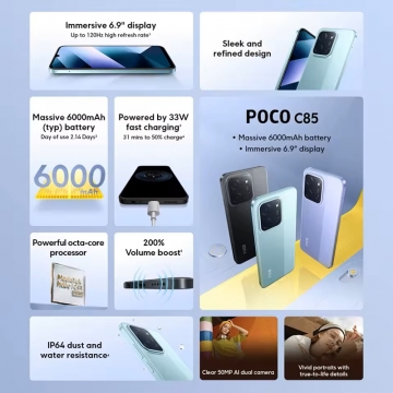 Смартфон Xiaomi Poco C85 NFC (8 + 256 Гб, Global Version) Смартфон Xiaomi Poco C85 NFC (8 + 256 Гб, Global Version), 2 SIM-карти, 4G LTE, Helio G81-Ultra, 8 Гб RAM + 256 Гб ROM, екран 6,9'' IPS 1600 * 720, 120 Гц, камера 50 МП, акумулятор 6000 мА/г / 33 Вт, сканер відбитків пальців, Wi-Fi, Bluetooth 5.4, GPS, NFC / Google Pay, OTG, USB Type-C, 3,5 мм аудіоджек, HyperOS 2, Android 15, УКРАЇНСЬКА МОВА, GOOGLE PLAY, Київ, Киев