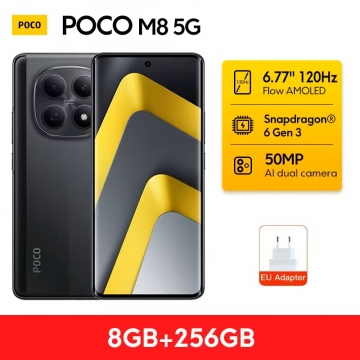 Смартфон Xiaomi Poco M8 5G (8 + 256 Гб, Global Version), 25118PC98G, IP66, 2 SIM-карти, 5G + 4G LTE, Snapdragon 6 Gen 3, 8 Гб RAM + 256 Гб ROM, екран 6,77'' Flow AMOLED, 12 біт, 120 Гц, 3200 nit, 2 основні камери 50 МП + 2 МП, селфі камера 20 МП, акумулятор 5520 мА/г / 45 Вт, сканер відбитків пальців в екрані, Wi-Fi, Bluetooth 5.1, GPS, NFC / Google Pay, OTG, ІЧ порт, USB Type-C, стереодинаміки, Dolby Atmos, Hi-Res Audio, HyperOS 2, Android 15, УКРАЇНСЬКА МОВА, GOOGLE PLAY, Київ, Киев