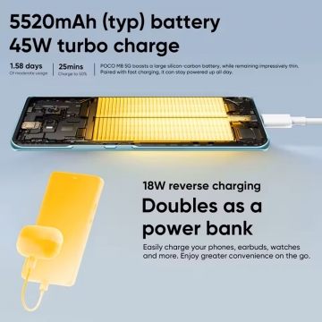 Смартфон Xiaomi Poco M8 5G (8 + 256 Гб, Global Version), 25118PC98G, IP66, 2 SIM-карти, 5G + 4G LTE, Snapdragon 6 Gen 3, 8 Гб RAM + 256 Гб ROM, екран 6,77'' Flow AMOLED, 12 біт, 120 Гц, 3200 nit, 2 основні камери 50 МП + 2 МП, селфі камера 20 МП, акумулятор 5520 мА/г / 45 Вт, сканер відбитків пальців в екрані, Wi-Fi, Bluetooth 5.1, GPS, NFC / Google Pay, OTG, ІЧ порт, USB Type-C, стереодинаміки, Dolby Atmos, Hi-Res Audio, HyperOS 2, Android 15, УКРАЇНСЬКА МОВА, GOOGLE PLAY, Київ, Киев