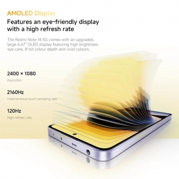 Смартфон Xiaomi Redmi Note 14 5G NFC (8 + 256 Гб, Global Version), IP64, 2 SIM-карти, Dimensity 7025-Ultra, 8 Гб RAM + 256 Гб ROM, екран 6,67'' 2400 * 1080, 120 Гц, 3 основні камери 108 МП + 8 МП + 2 МП, селфі камера 20 МП, акумулятор 5110 мА/г, 45 Вт, стереодинаміки, сканер відбитків пальців, Wi-Fi, Bluetooth 5.3, GPS, NFC / Google Pay, OTG, ІЧ порт, USB Type-C, HyperOS, Android 14, УКРАЇНСЬКА МОВА, GOOGLE PLAY, Київ, Киев