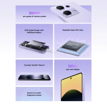 Смартфон Xiaomi Redmi Note 14S NFC (8 + 256 Гб, Global Version), 2502FRA65G, 2 SIM-карти, 4G LTE, Helio G99-Ultra, 8 Гб RAM + 256 Гб ROM, екран 6,67'' 2400 * 1080, 120 Гц, Gorilla Glass 5, 3 основні камери 200 МП + 8 МП + 2 МП, акумулятор 5000 мА/г, 67 Вт, стереодинаміки, Dolby Atmos, Hi-Res Audio, Wi-Fi, Bluetooth 5.3, GPS, NFC / Google Pay, OTG, ІЧ порт, 3,5 мм аудіоджек, USB Type-C, HyperOS, Android 15, УКРАЇНСЬКА МОВА, GOOGLE PLAY, Київ, Киев