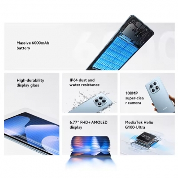 Смартфон Xiaomi Redmi Note 15 4G NFC (8 + 256 Гб, Global Version), IP64, 2 SIM-карти, 4G LTE, Helio G100-Ultra, 8 Гб RAM + 256 Гб ROM, екран 6,77'', 120 Гц, 2 основні камери 108 МП + 2 МП, селфі камера 20 МП, акумулятор 6000 мА/г, 33 Вт, стереодинаміки, Dolby Atmos, Hi-Res Audio, сканер відбитків пальців, Wi-Fi, Bluetooth 5.3, GPS, NFC / Google Pay, OTG, ІЧ порт, USB Type-C, HyperOS, Android 15, УКРАЇНСЬКА МОВА, GOOGLE PLAY, Київ, Киев