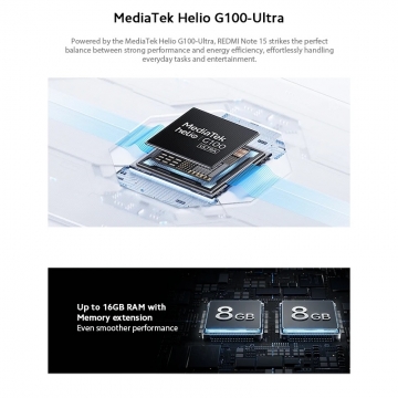 Смартфон Xiaomi Redmi Note 15 4G NFC (8 + 256 Гб, Global Version), IP64, 2 SIM-карти, 4G LTE, Helio G100-Ultra, 8 Гб RAM + 256 Гб ROM, екран 6,77'', 120 Гц, 2 основні камери 108 МП + 2 МП, селфі камера 20 МП, акумулятор 6000 мА/г, 33 Вт, стереодинаміки, Dolby Atmos, Hi-Res Audio, сканер відбитків пальців, Wi-Fi, Bluetooth 5.3, GPS, NFC / Google Pay, OTG, ІЧ порт, USB Type-C, HyperOS, Android 15, УКРАЇНСЬКА МОВА, GOOGLE PLAY, Київ, Киев