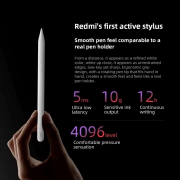 Стилус Redmi Smart Pen для Xiaomi Redmi Pad 2, Xiaomi Redmi Pad Pro та Xiaomi Poco Pad Характеристики стилуса Redmi Smart Pen Redmi Stylus для Xiaomi Redmi Pad 2, Xiaomi Redmi Pad Pro та Xiaomi Poco Pad, 24048MP07G, чутливість до тиску 4096 рівнів, частота дискретизації 240 Гц, Bluetooth 5.1, 2 функціональні кнопки, аккумулятор: 80 мА/г (до 12 годин роботи від повного заряду), USB Type-C, Київ, Киев