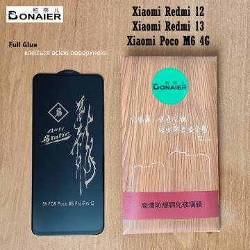 Захисне скло Bonaier (3D Full Glue) для смартфона Xiaomi Redmi 12 / Xiaomi Redmi 13 / Xiaomi Poco M6 4G, повноекранне скло, закриває екран смартфона повністю, броньоване скло, клеїться до екрану смартфона всією поверхнею, 9H, не впливає на чутливість сенсора, не спотворює кольори, антивідблискове покриття, олеофобне покриття, скло зі скругленими краями 2.5D, 2,5D, 3D, 5D, 6D, Київ, Киев