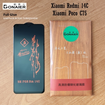 Захисне скло Bonaier (3D Full Glue) для смартфона Xiaomi Redmi 14C / Xiaomi Poco C75, повноекранне скло, закриває екран смартфона повністю, броньоване скло, клеїться до екрану смартфона всією поверхнею, 9H, не впливає на чутливість сенсора, не спотворює кольори, антивідблискове покриття, олеофобне покриття, скло зі скругленими краями 2.5D, 2,5D, 3D, 5D, 6D, Київ, Киев