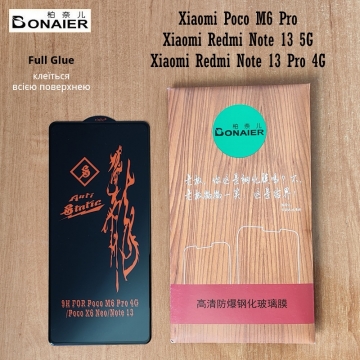 Захисне скло Bonaier (3D Full Glue) для смартфона Xiaomi Redmi Note 13 5G / Xiaomi Redmi Note 13 Pro 4G / Xiaomi Poco M6 Pro, повноекранне скло, закриває екран смартфона повністю, броньоване скло, клеїться до екрану смартфона всією поверхнею, 9H, не впливає на чутливість сенсора, не спотворює кольори, антивідблискове покриття, олеофобне покриття, скло зі скругленими краями 2.5D, 2,5D, 3D, 5D, 6D, Київ, Киев